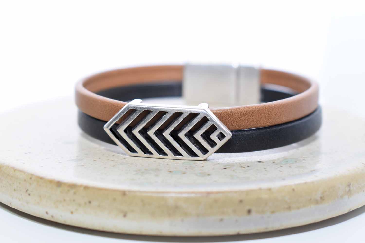 Rock Slide Leather Bracelet - Black & Tan - Tina Lilja