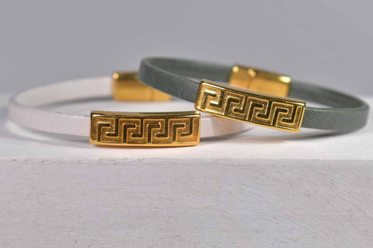 Greek Key Leather Bracelet - White & Dark Sage